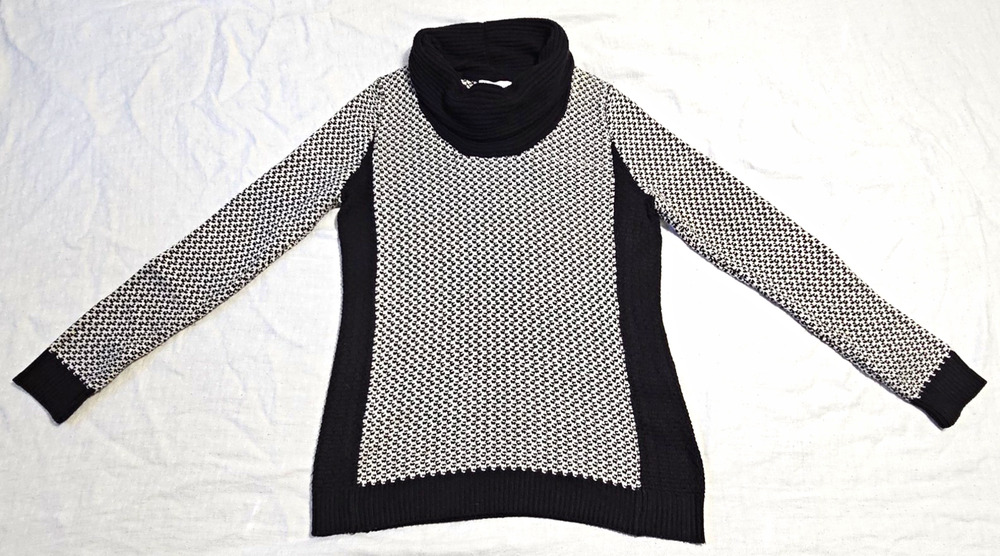 Calvin Klein Cowl Neck Sweater Black White Geometric Textured Knit Pullover L